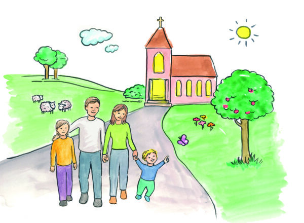 Familie auf dem Weg zu einer Kirche